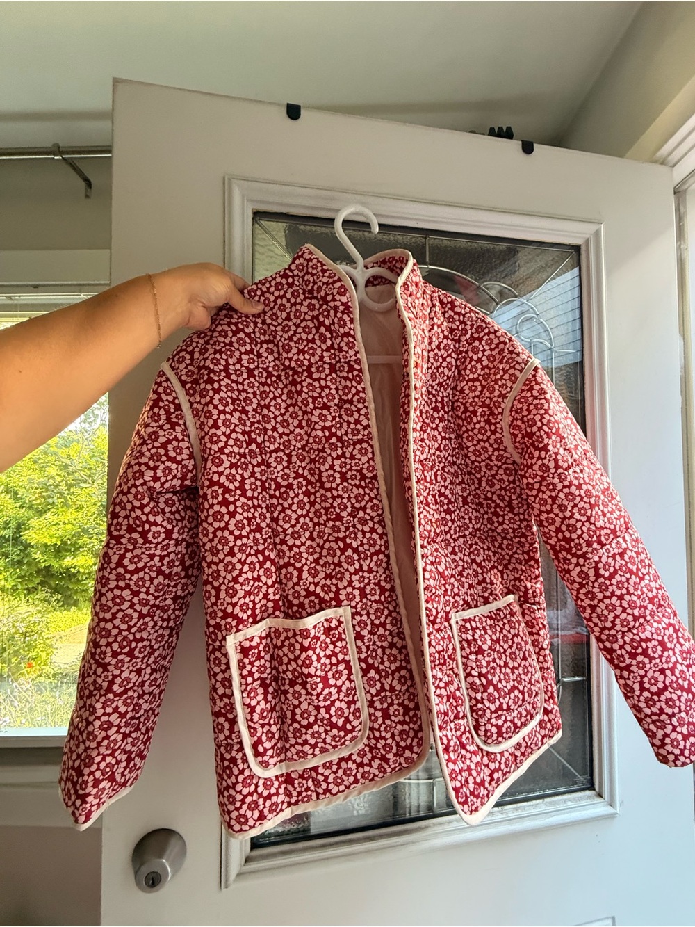 Red Floral Quilted Jacket with Contrast Trim | Size S